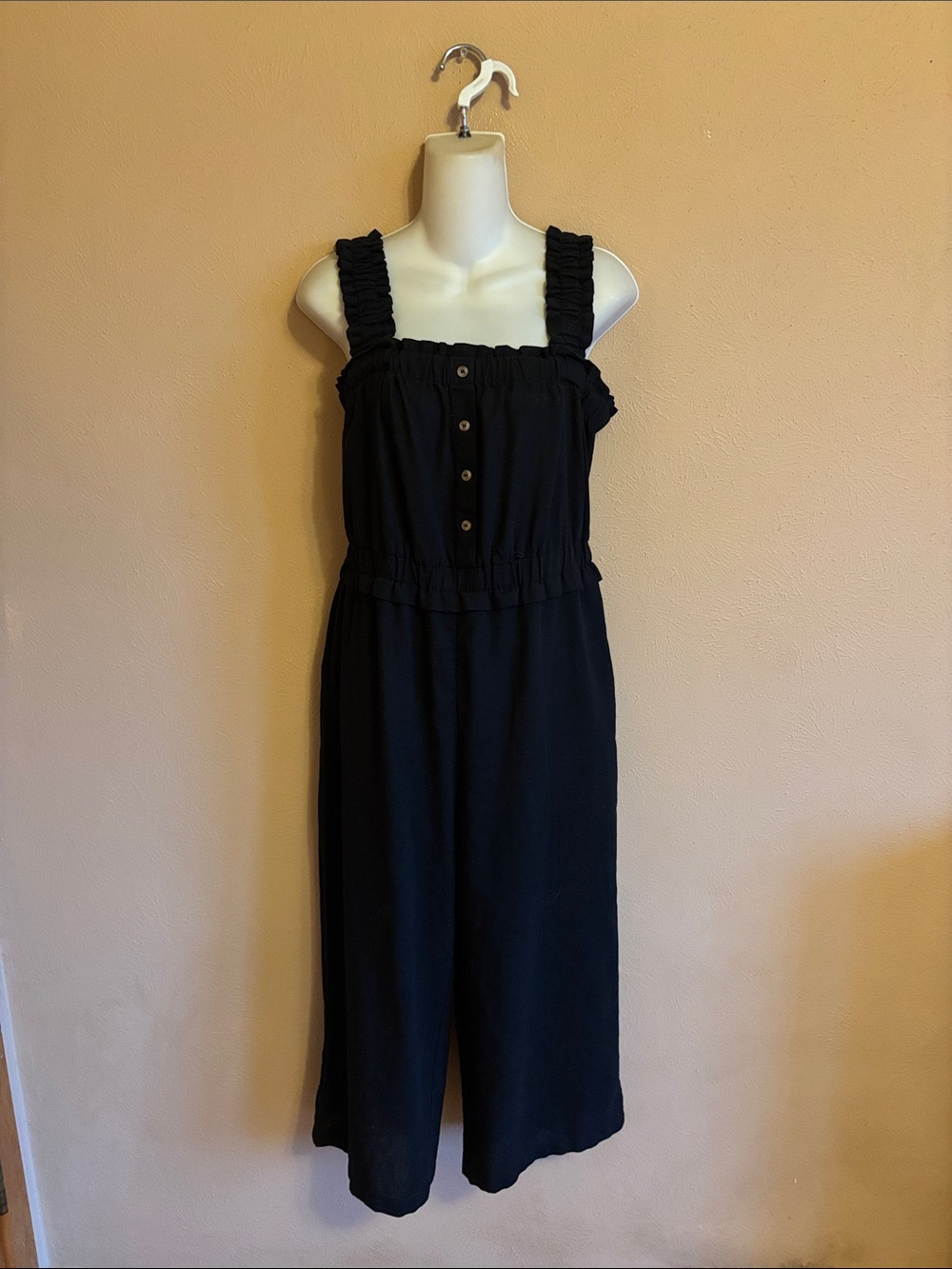 Blu Pepper Cropped Black Wide-Leg Jumpsuit with Ruffle Straps L M